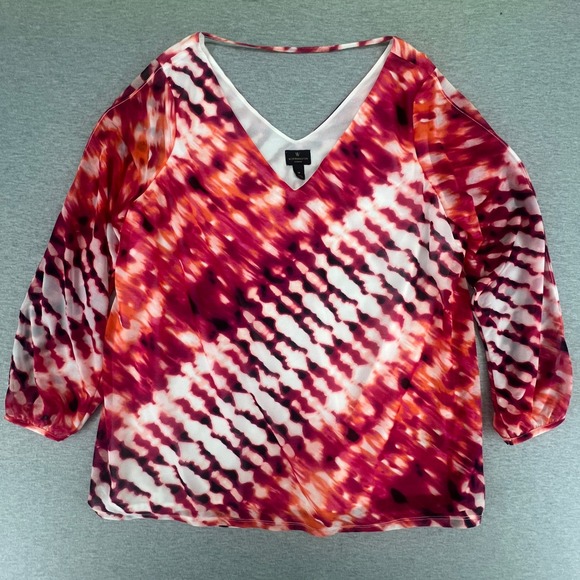 Worthington Tops - Worthington Blouse Women 1X Red Pink Tie Dye V-Neck 3/4 Sleeve Chiffon‎ Lined